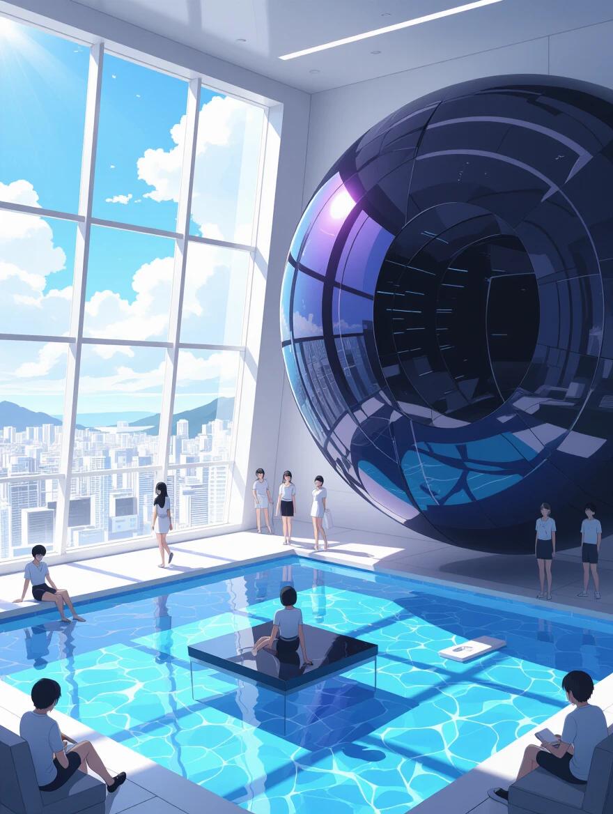 Anime style illustration set in the year 2204. Depicts a luxurious and modern interior featuring a large black sphere. The scene captures a brainwashing chamber within a futuristic building in Rio de Janeiro. Bright summer morning with a pool and an expansive view of the city.