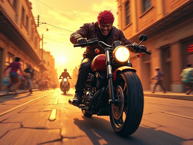 A hyper-detailed scene of a figure with one half as a raspberry cupcake and the other half as a leather-clad biker speeding through Puebla. The sunset casts warm light over the chaotic streets filled with vendors and cars. The chase includes a warrior with violet eyes and dark hair, creating a vibrant sense of motion and surrealism. The atmosphere combines urban realism with a dreamlike quality.