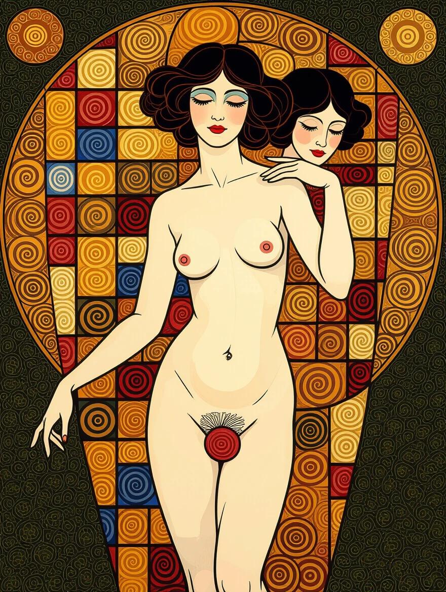 Detailed illustration of a beautiful nude woman with vibrant colors surrounding her. The style is reminiscent of Gustav Klimt with a focus on complementary hues. A second figure appears subtly in the background.
