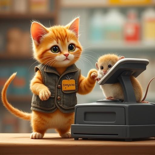 A cute kitty in a retail vest with a name tag Employee of the Meownth. Kitty stands on hind legs behind cash register. Confused expression. Mouse customer tries to pay with cheese.