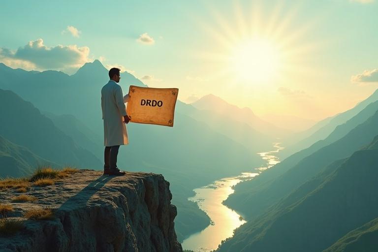 Dramatic scene showing scientist standing on a cliff with mountains and rivers. Scientist holds blueprint labeled DRDO. Scene symbolizes self-reliance under bright daylight. Colors include vibrant blues, greens, and golden hues. Ultra-HD 4K resolution, 16:9 ratio.