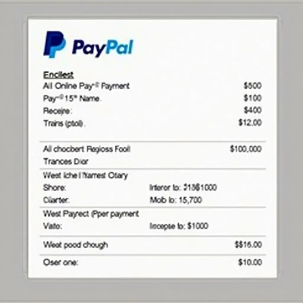 PayPal payment receipt showing transaction details such as amount and features a clean design. Contains receiver and sender information. Displays PayPal logo prominently.