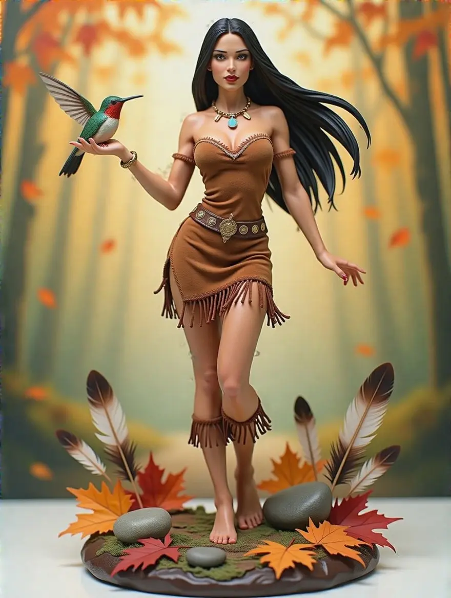 An ultra-detailed resin statue of a beautiful Pocahontas-inspired woman holding a hummingbird. She stands elegantly on a natural base with autumn leaves and stones. The dress is brown with gold details enhancing her curves. Her long black hair flows gently. The background is softly focused.
