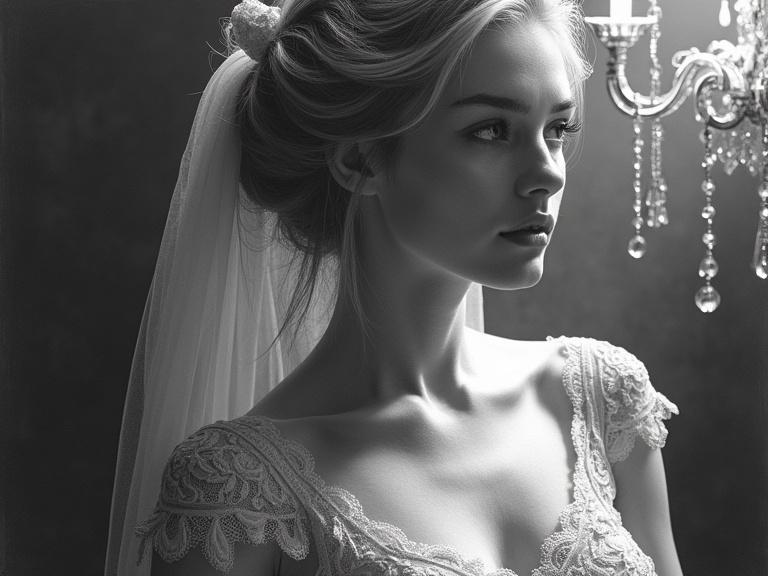 A highly detailed portrait of a bride in a lace dress. The bride is captured in monochrome, with soft light from a chandelier enhancing her features. The background is softly blurred, focusing on the intricate details of the attire and the bride's poised expression.