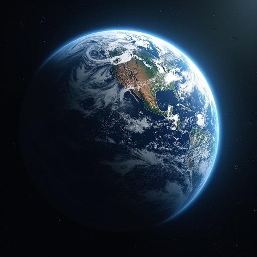 Photo showing Earth viewed from space. Encompasses luminous blues of oceans. Greens of landmasses. White cloud formations. Dark space background.