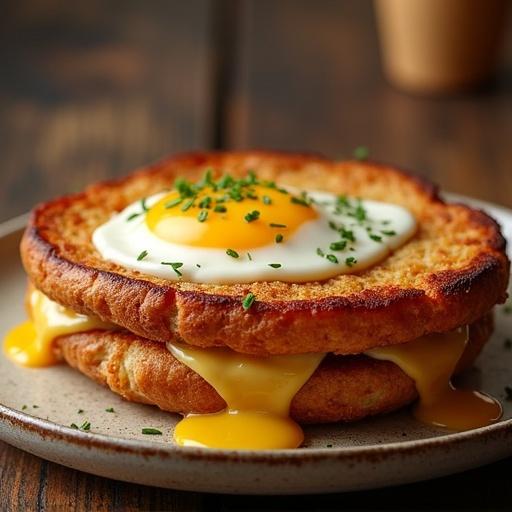 A delicious egg sandwich with a runny yolk. The dish is made of two thick toasts with creamy cheese. Freshly chopped chives on top. Warm and inviting colors create an appetizing view.