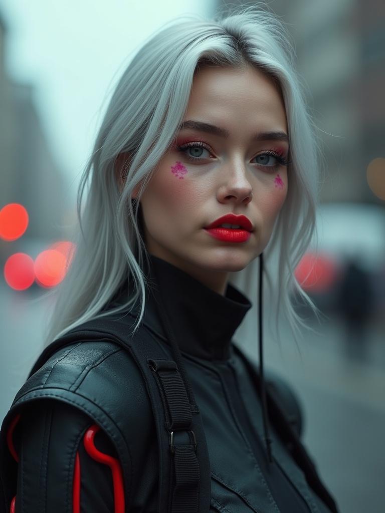 A beautiful young woman wears futuristic clothing with silver hair and red lipstick. Cinematic lighting enhances her makeup in a city setting. She poses dynamically with a gun, showcasing cyberpunk elements.