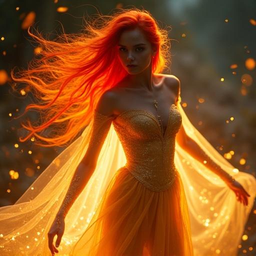A beautiful ghost with fiery red glowing hair. Wears a golden ethereal outfit. Emits a magical aura and particles. Scene takes place at night with wind. Includes bokeh effects. Medium shot captured.