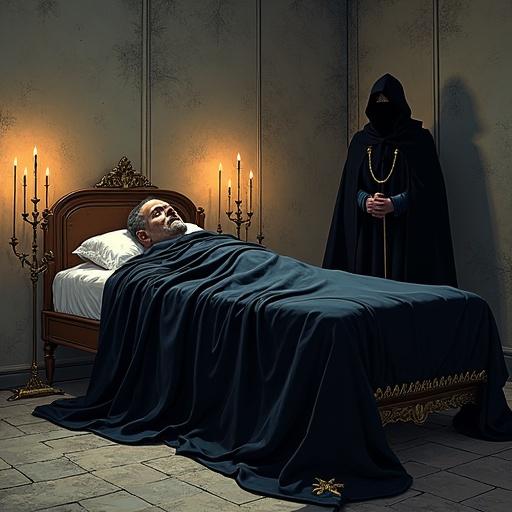 Manga style illustration showing a dimly lit room with candlelight surrounding a funeral bed. A deceased man lies under a black silk shroud with golden embroidery. His hands are crossed and face appears waxy. A character named Agone stands beside the bed in a dark cape, reflecting sorrow. The background features heavy drapes and a partially open window. The atmosphere is silent and grave.