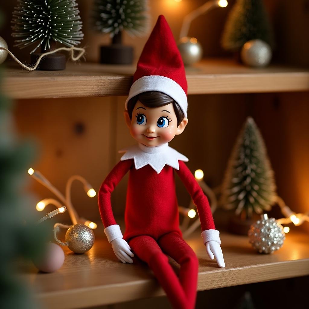 This image features a cheerful elf doll known as the 'Elf on the Shelf.' Dressed in a bright red suit with a white collar and gloves, the elf is sitting on a wooden shelf. The background is adorned with miniature Christmas trees and warm string lights, creating a festive atmosphere. The doll's friendly smile evokes feelings of joy and holiday spirit. Surrounding decorations enhance the charm of the Christmas season. This setting is perfect for family gatherings and holiday-themed photography.