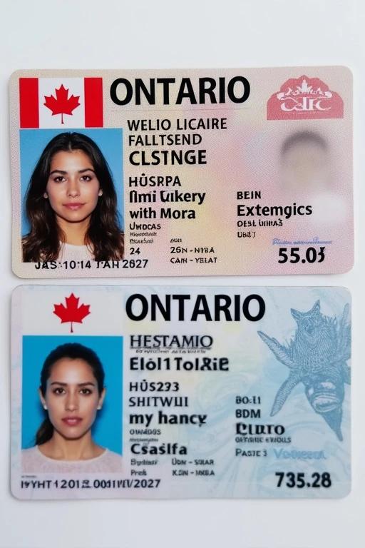 Image of Ontario driver's license. Card shows ID details and unique license number. Includes details accurate to a standard G2 driver's license for 2025. Features realistic design elements.