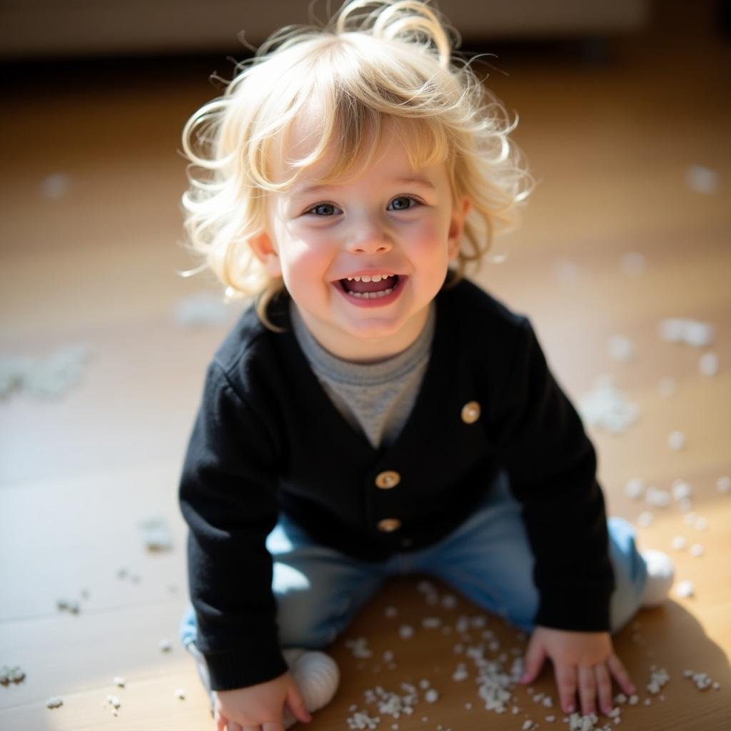 The image depicts a joyful toddler sitting on the ground, radiating happiness with a wide smile. The child has tousled blonde hair and wears a black sweater over a gray shirt and light blue jeans. Around them is a light scattering of fine material on the floor, adding to the playful vibe. The soft, warm lighting beautifully highlights the child's cheerful expression. This scene encapsulates the essence of childhood joy and innocence, perfect for evoking feelings of warmth and nostalgia.