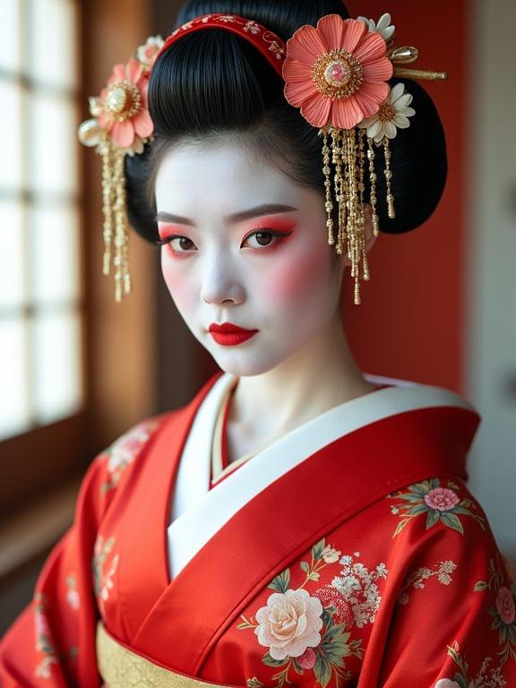 Portrait of a geisha with white face makeup and bright eyes in a colorful modern studio