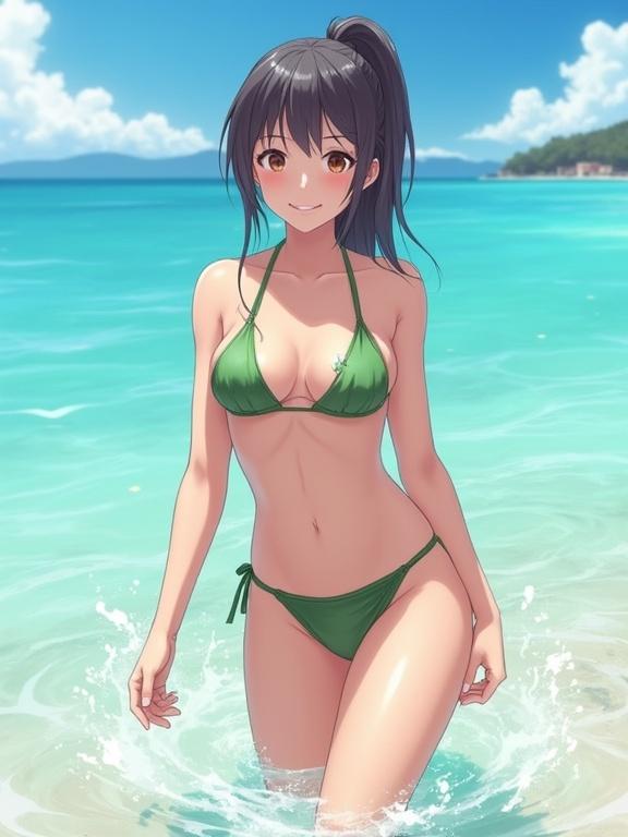 Anime illustration of a woman at the beach in a bikini. She is enjoying the turquoise water. Bright sky adds to the free-spirited atmosphere. She is smiling and has her hair in a ponytail. Young woman with fair skin.