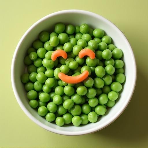 A bowl filled with green peas topped with orange carrot pieces to create a smiling face. The background is light green, emphasizing the freshness of the peas. The composition is playful and inviting, perfect for encouraging children to eat vegetables.