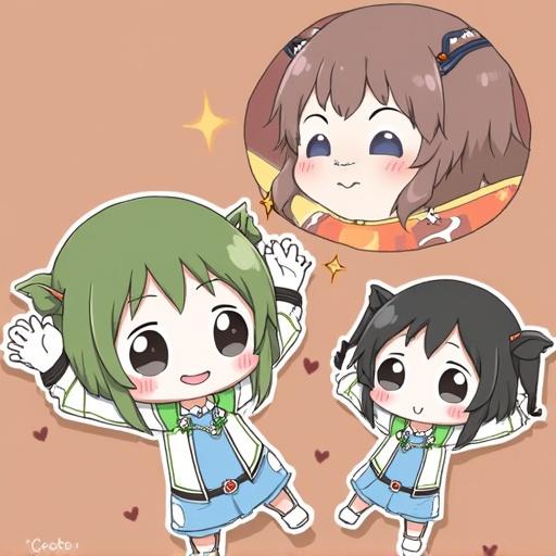 Illustration of two cute characters with expressive faces. One has light green hair wearing a white and green outfit. The other character has dark hair with playful styles. Both appear cheerful and animated. Background is simple and colorful.