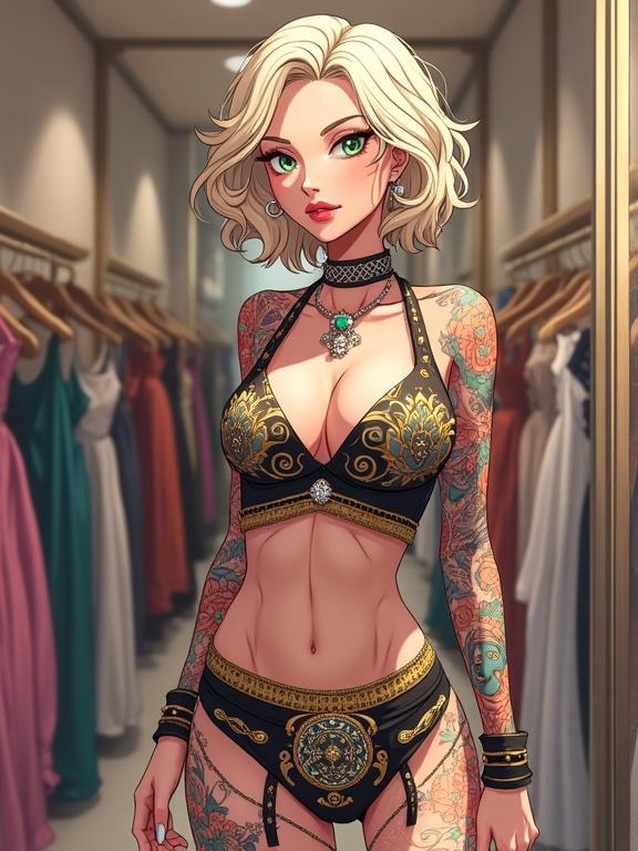 Anime inspired art featuring a tall and fit woman dressed in edgy ninja-style streetwear. The character has tattoos and elegant accessories. Scene set in a luxurious clothing boutique with vibrant dresses on display. The image conveys a modern, trendy atmosphere.