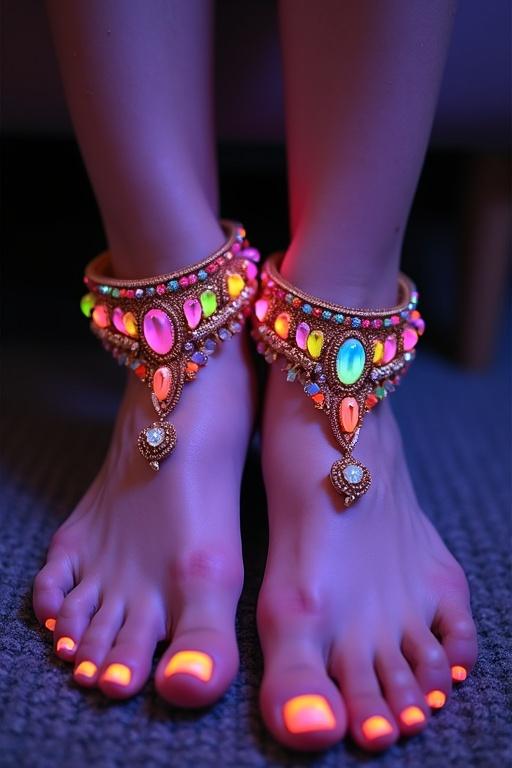 Feet adorned with neon colored toenails. Decorative foot accessories are visible. Close-up view.