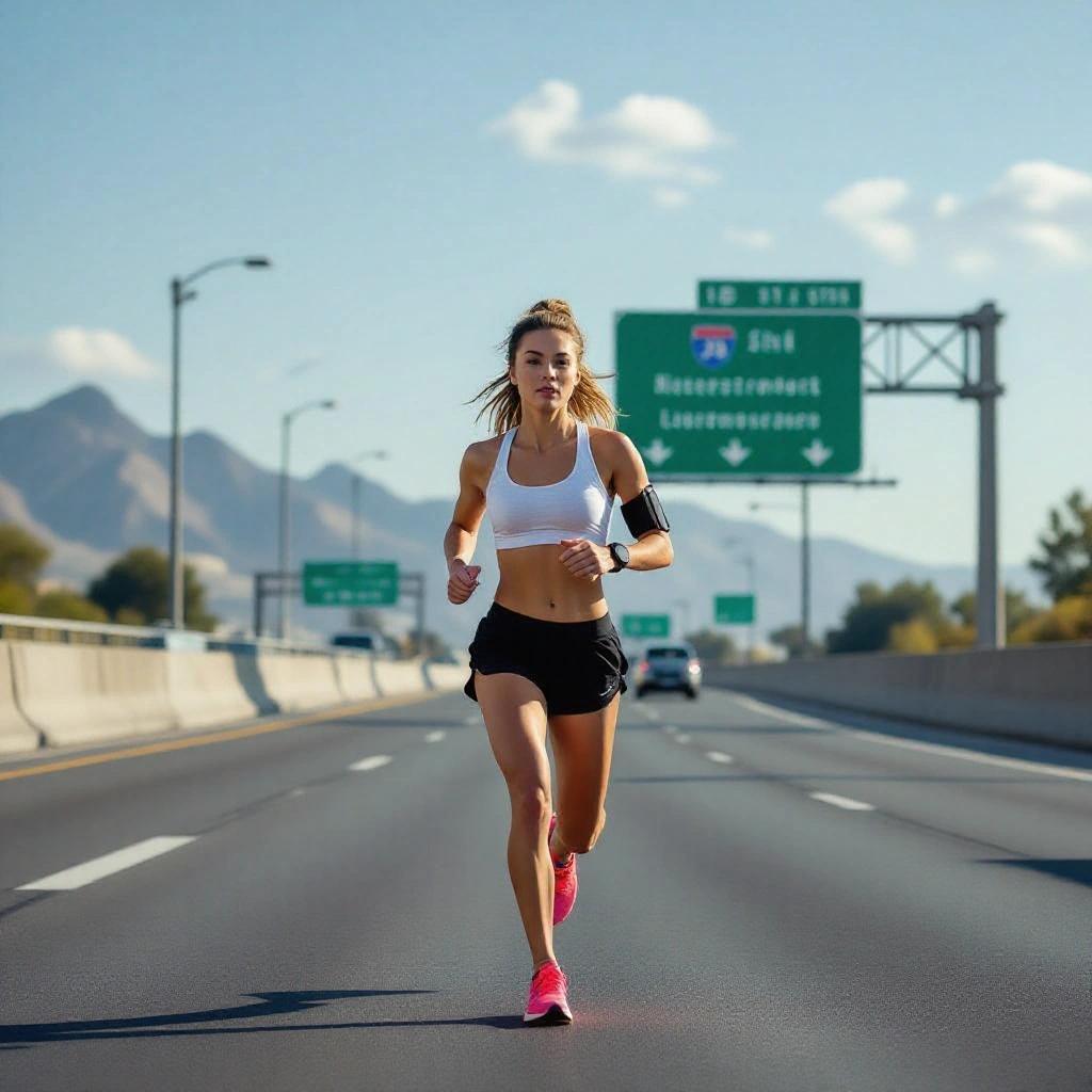 Young woman jogging on the freeway against a clear sky and mountainous backdrop.