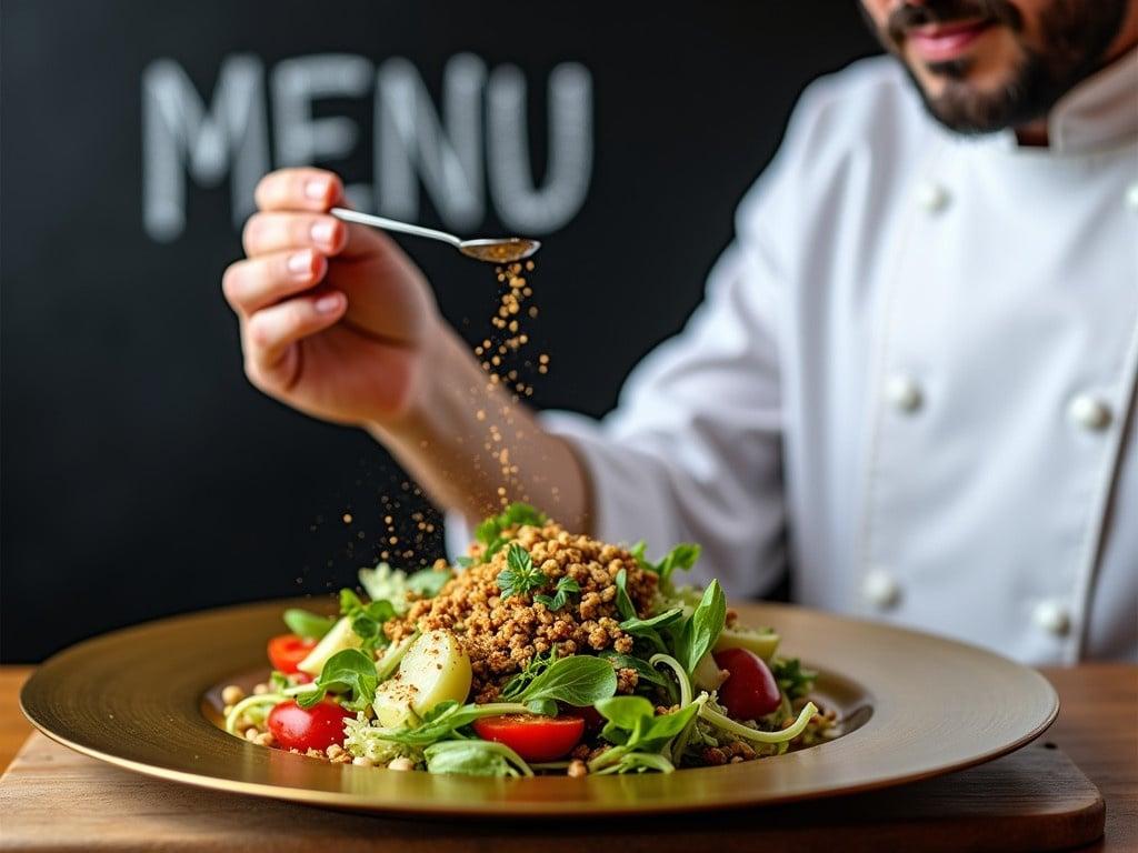 A chef is partially visible from the neck down on the right side of the image. He is wearing a typical white chef's coat and is expertly sprinkling ingredients over a healthy salad. The salad, colorful and fresh, is presented on a round gold plate. In the background, there is a black chalkboard where the word 'MENU' is written in white chalk. The overall image conveys a sense of professionalism and deliciousness, focusing on healthy cooking.