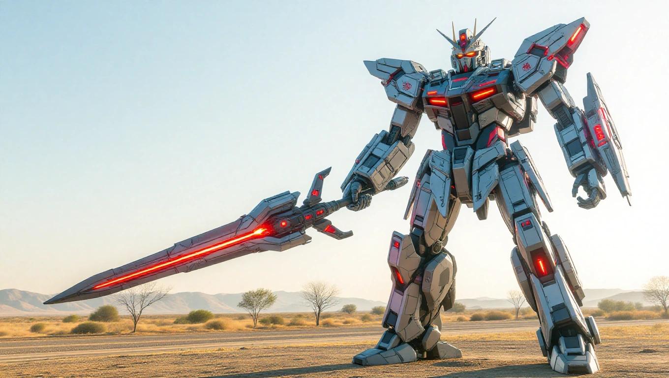 Realistic depiction of a mech 20 meters tall holding a power sword in an open landscape during bright daylight.