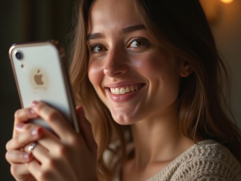 Photorealistic portrait of a young woman holding smartphone. Woman looks directly into camera with soft joyful expression. Eyes slightly moist showing subtle emotion. Natural tear of happiness gently glistens on cheek. Warm smile with surprise and joy. Phone screen slightly turned showing blurred glimpse of a personalized video. Warm indoor lighting with soft background blur. Emotional and authentic portrait.