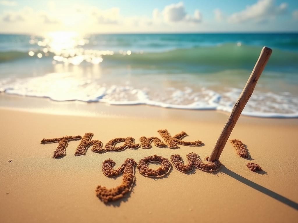 A cozy and romantic scene at a beach where a stick has carved the words "Thank you!" beautifully into the warm, golden sand. The gentle waves kiss the shore, leaving a soft foamy edge around the carved message. In the backdrop, the tranquil ocean shimmers under a soft sunlight, creating a serene atmosphere. The sky is clear with a few fluffy clouds, enhancing the peaceful setting. This image evokes feelings of gratitude and warmth, perfect for a heartfelt moment.