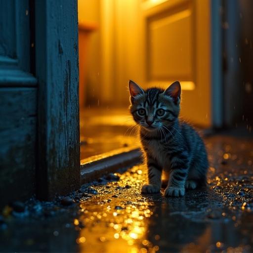 Night scene with rain and a kitten. Wet dark-striped kitten stands before an open house door. Warm yellow light shines from inside. Raindrops drip from its fur. Kitten looks hesitantly into the doorway. Strong contrast between cold rainy street and cozy interior. High detail of wet fur, light reflections, and steam from warmth.