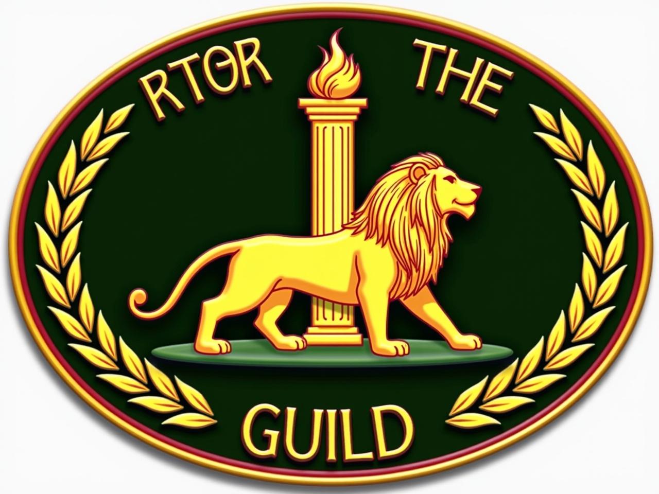 This image features a logo of 'The Prophetic Guild.' The design showcases a majestic lion, symbolizing strength and courage, facing to the right. Behind the lion, there is a column topped with a flame, representing enlightenment and wisdom. The emblem is encircled with decorative laurel leaves that signify victory and achievement. The overall color scheme consists of gold, dark green, and red, adding a regal feel to the logo. The text 'THE PROPHETIC GUILD' is prominently displayed, emphasizing the name of the organization.