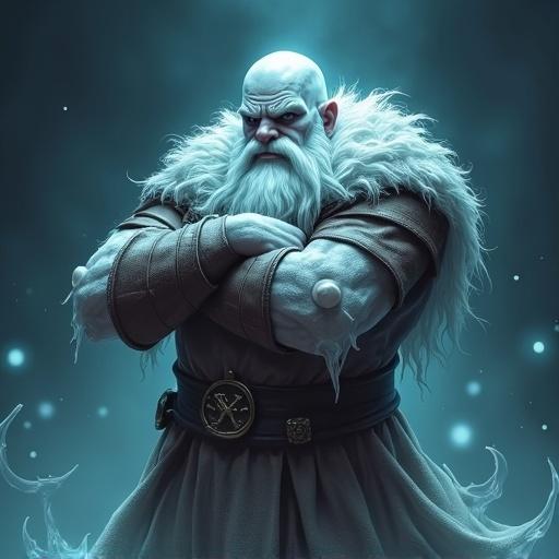 Spectral Dwarf Fist of Warrior in haunting 3D cartoon style. Translucent ghostly forms with ethereal swirls and vaporous auras. Stern visage with oversized fist. Brown leather armor fades and glows. Arms crossed, radiates authority. Minimalist obsidian-blue gradient background with drifting orbs and mist. Unique ghostly aura patterns and phantom energy motifs.