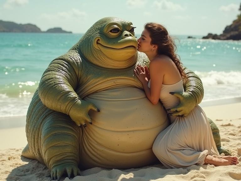 Large green character and female figure cuddle on a beach. Relaxing ocean waves in background, character has a friendly expression, character has humanoid features. Female figure looks affectionate and happy. Sand surrounds them, bright sunny day.