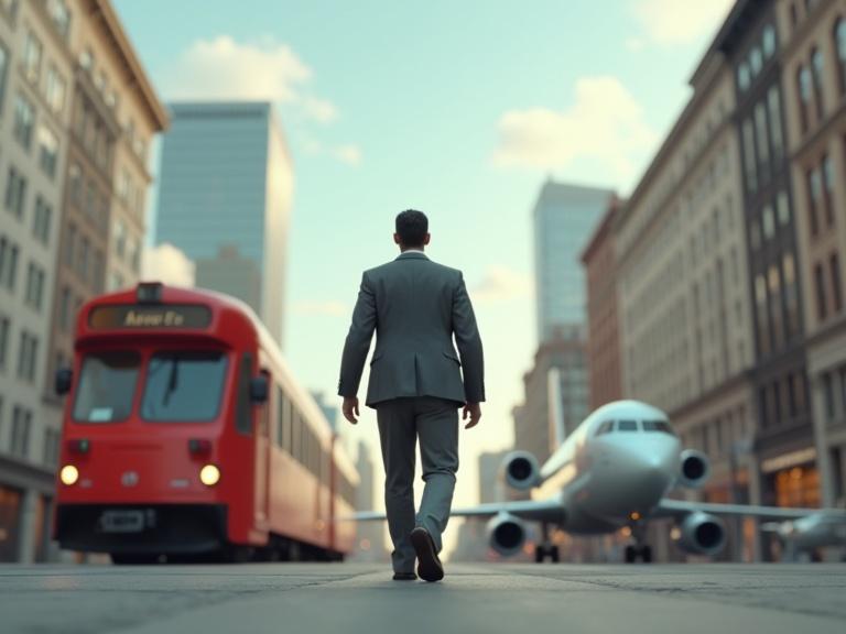 3D man walking on an American street next to a train and a jetplane ahead.