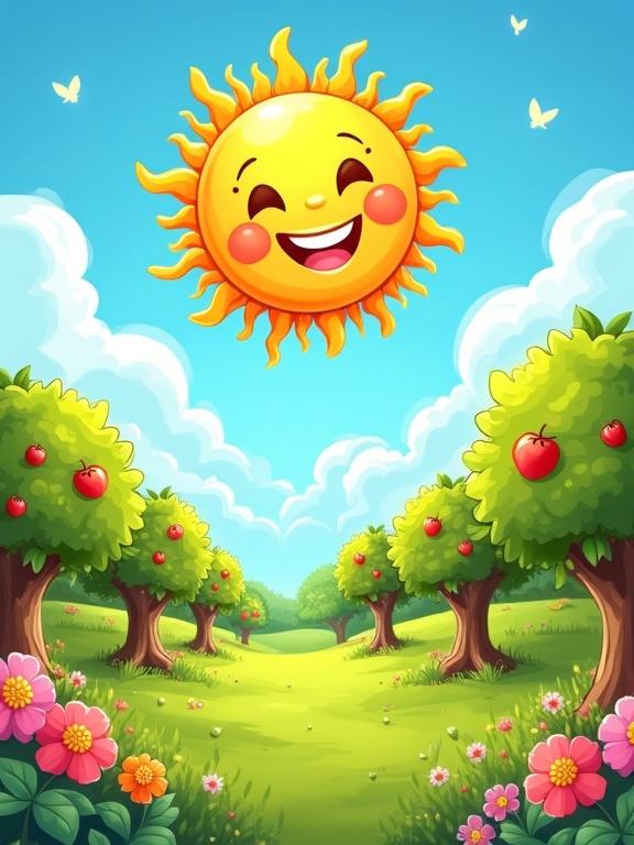 Cheerful cartoon sun shining in blue sky over colorful orchard with fruit trees flowers and green grass. Vibrant whimsical scene full of positive energy.