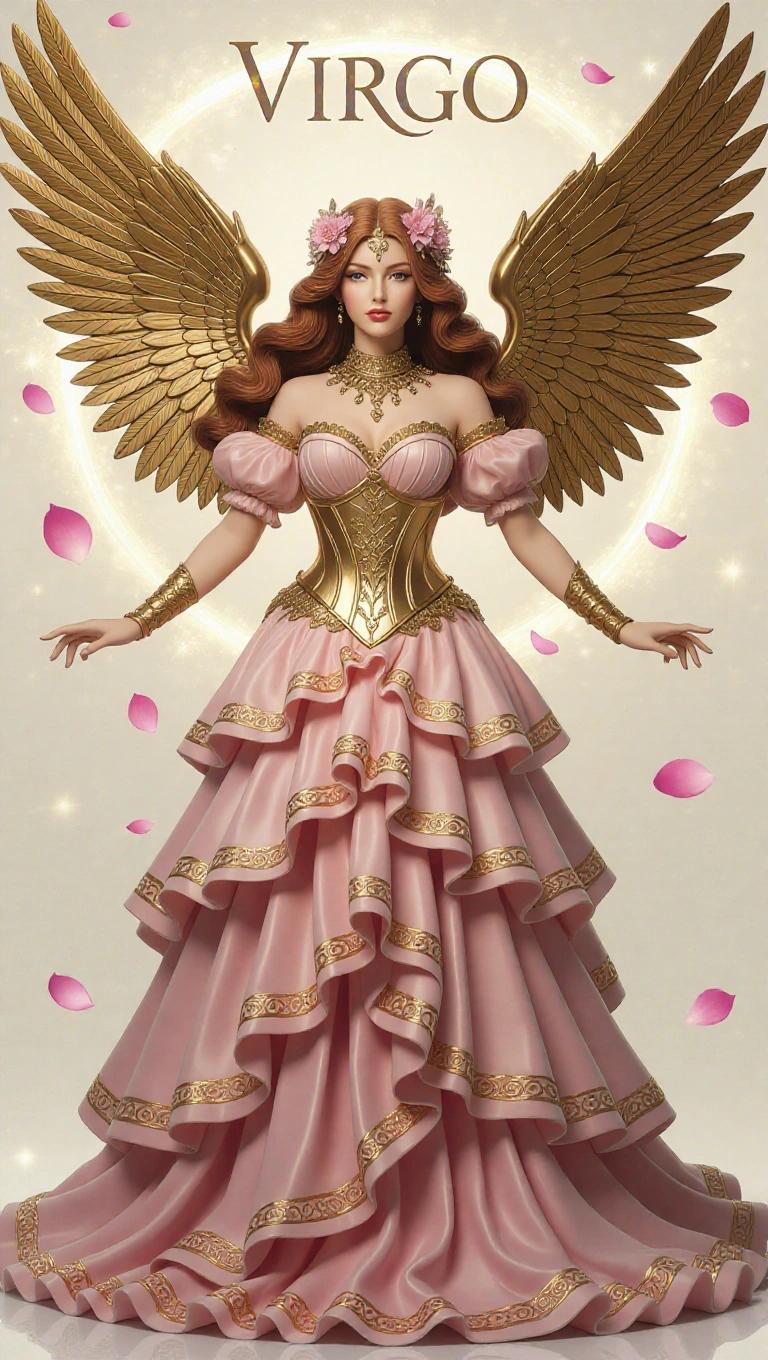 Resin statue of a goddess inspired by the Virgo sign. Long wavy golden-brown hair. Luxurious princess-style powder pink gown with layers and ruffles. Gold details. Gold metallic corset and thick gold-plated choker. Large ornate golden wings. Majestic pose with arms held back. Flower crown. Ethereal expression. Background with floating petals and celestial light.