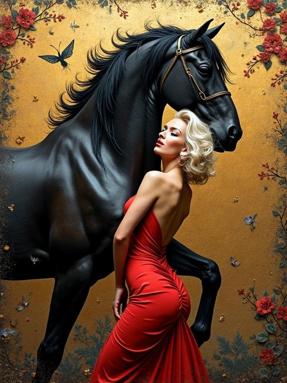 Artwork features a woman in a red dress embracing a black horse. Emphasis on elegance and passion. Style incorporates mixed media and intricate details.