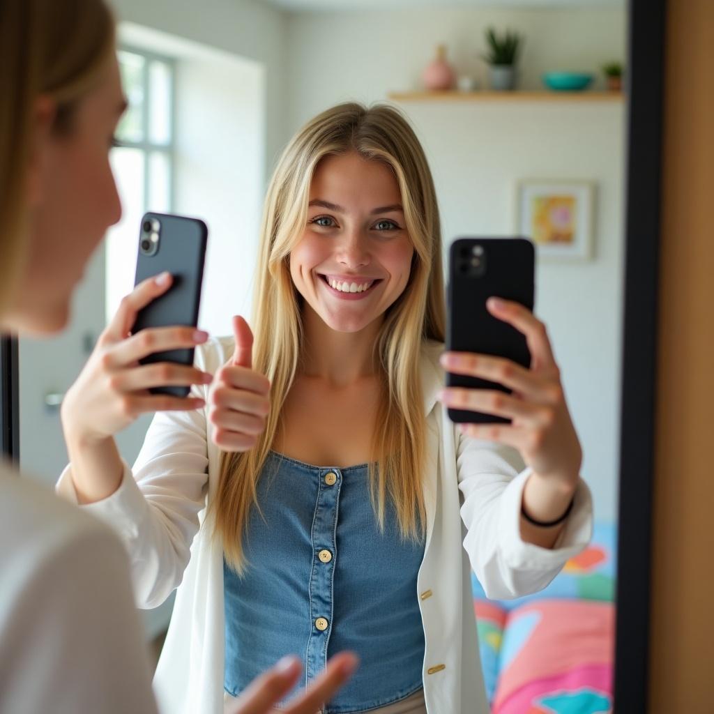 Young person taking a selfie in a bathroom. Long straight blonde hair, denim top. Gentle smile shows confidence. Thumbs-up sign indicates positivity. Colorful background with soft furnishings and bathroom accessories. Wearing white shirt, holding two smartphones, capturing reflection in mirror. Bright setting with soft, natural lighting. Scene conveys casual elegance.