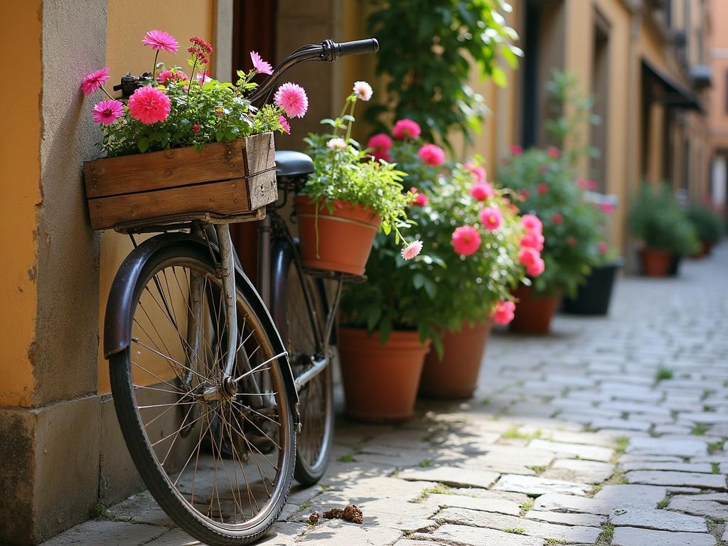 A vintage bicycle stands charmingly by the side of the street in a small village in Tuscany, Italy. This old bicycle is lovingly adorned with vibrant flowers, creating a picturesque scene. The colorful blooms spill over from wooden planters attached to the bicycle, adding a touch of nature to the rustic charm. The quaint backdrop of cobblestone streets and warm-toned buildings enhances the serene atmosphere. A gentle breeze stirs, rustling the flowers and inviting passersby to admire the beauty of simple living.