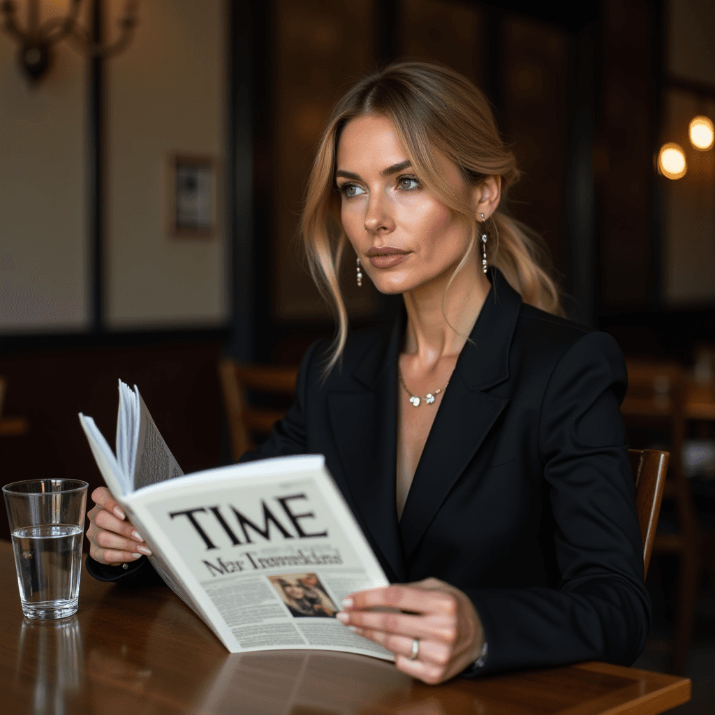 A woman in a black jacket reads a magazine while sitting at a wooden table.