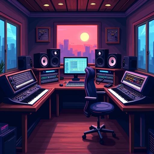 Pixel art style music studio with synths and hardware compressors. Dark atmosphere with ambient lights. Big speakers mounted in the walls. No windows.