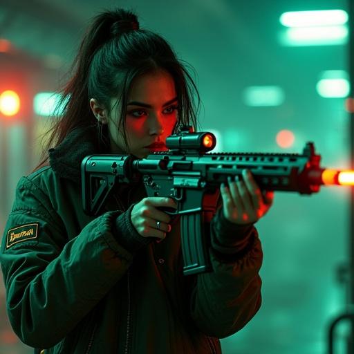 Cyberpunk girl in dark metro holding a futuristic tactical rifle. The rifle has a black body with green accents and displays. It emits a glowing laser from the barrel. The setting is moody and atmospheric.