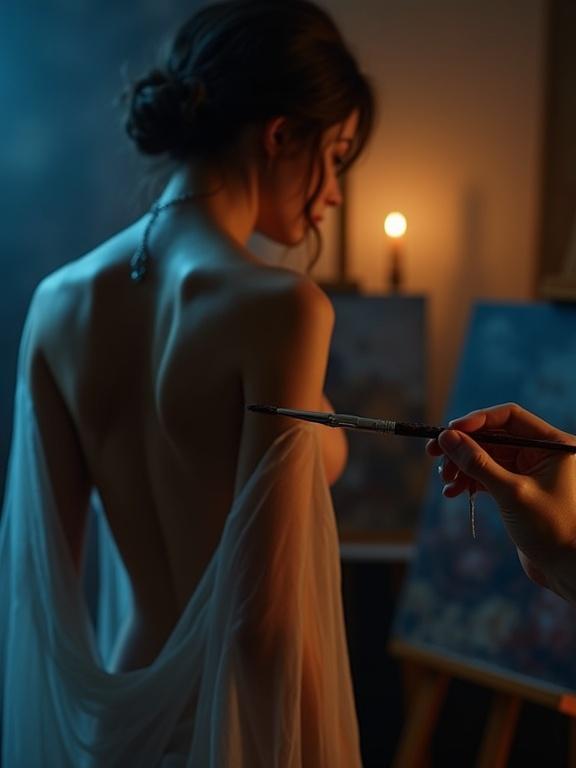 Close-up of a female figure from the back covered with a sheer scarf. She has soft curves in low light. A male artist's hand holds a brush. Background has blurred canvases and a candle giving a warm glow. Use deep blues and ambers for contrast.