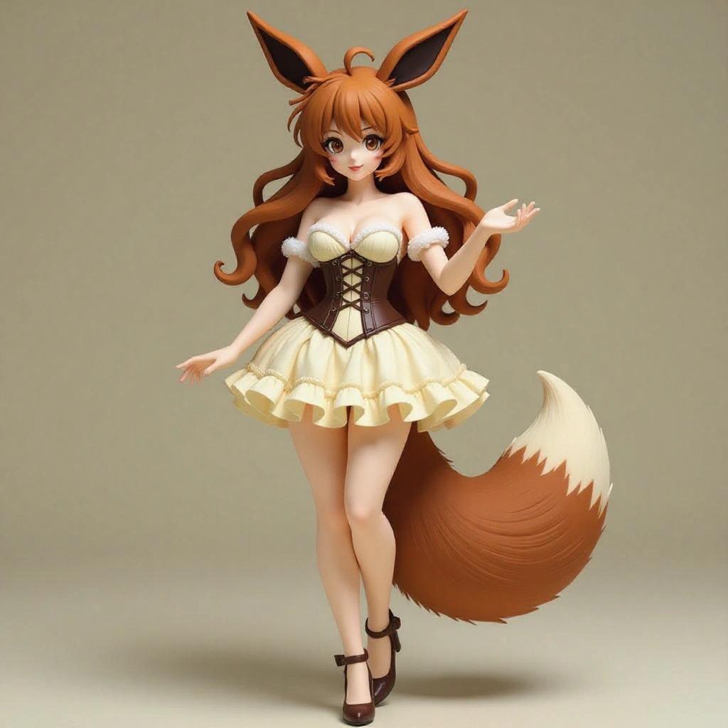 Adult female resin figure inspired by Eevee. Woman with stylized curvaceous body. Soft skin long legs narrow waist pronounced bust. Tight brown corset white plush edges inspired by Eevee's fur. Short creamy ruffled skirt leaving one leg uncovered daring pose. Long wavy, auburn hair, large pointy ears. Voluminous furry tail from lower back curved shiny texture. Seductive expression intense gaze mischievous half-smile defined lips. Feminine pose one leg crossed hip tilted arms open confident charming attitude. Base decorated with leaves and flowers for resin printing.