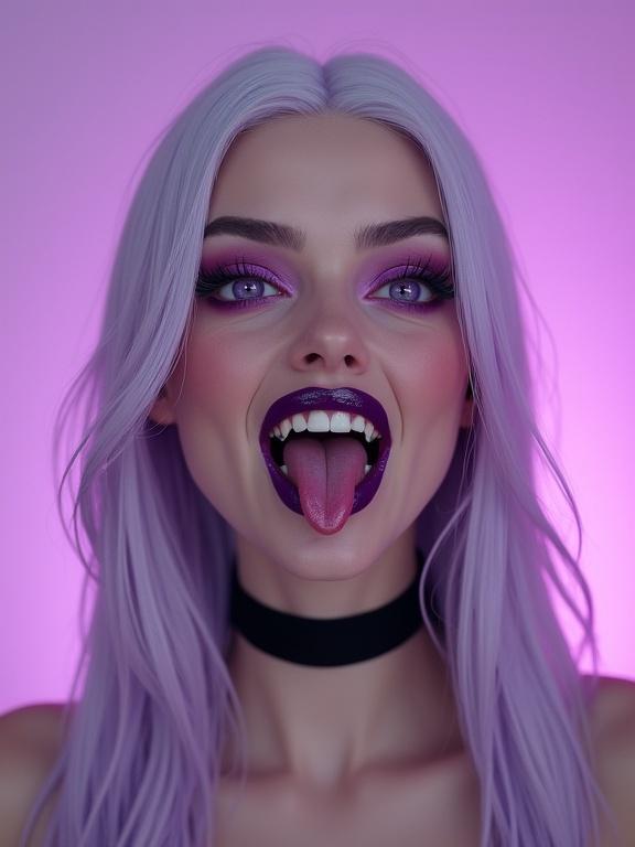 Fashion photo of a girl with purple eyes and long light purple hair. She has a playful and seductive expression. She wears a black choker and has glossy lips. Background features a gradient from light to dark purple. The lighting is soft and enhances her features. A close-up portrait showing detailed skin textures and colors.