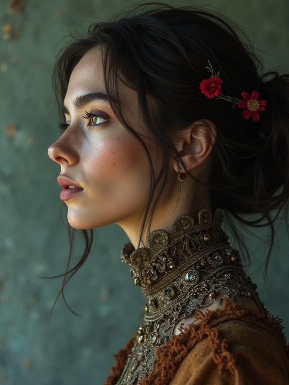 Profile portrait of a woman embodying an elven aesthetic. She has natural makeup and an elegant hairstyle. Intricate jewelry and floral accents adorn her look. Background is textured and softly lit.