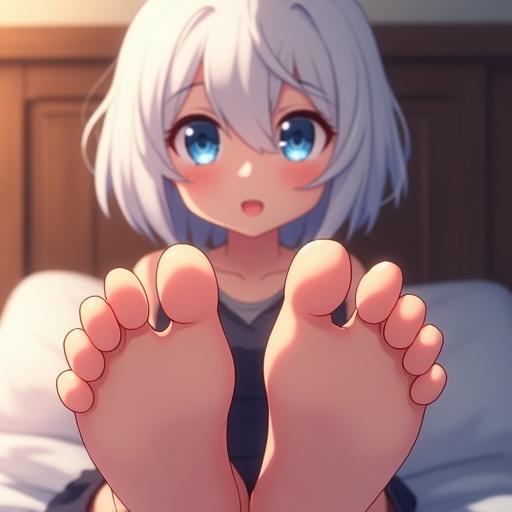 High quality 3D character illustration features feet focus in cinematic lighting. Anime character has white hair and blue eyes. Character is sitting on a bed. Feet are visible with soles facing the camera. The scene captures a warm and relaxed pose. Emphasizes facial expression and details in art style.