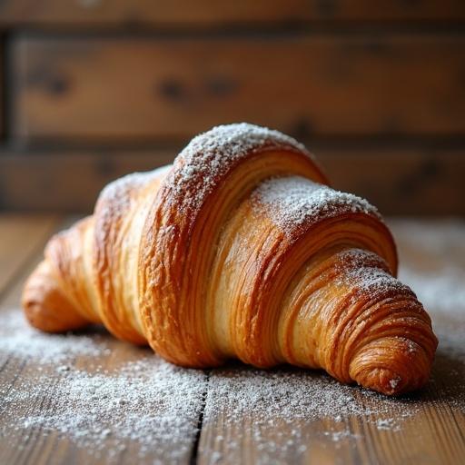 Image of a croissant on a wooden table with soft texture. Background includes wheat stalks and a windmill.