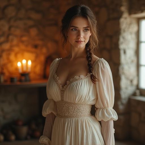 A 25-year-old woman in a medieval fantasy setting. She has a curvy figure with an elegant bust and a slender waist. Warm almond-shaped eyes and a tender smile. Her hair is chestnut brown, loosely styled. She wears a modest, form-fitting gown in pale tones. The gown features delicate embroidery and accents her curves subtly. The setting is a cozy stone cottage, illuminated by warm candlelight. Her posture conveys calm confidence and warmth. The atmosphere is serene, with cinematic lighting and ultra-detailed textures.