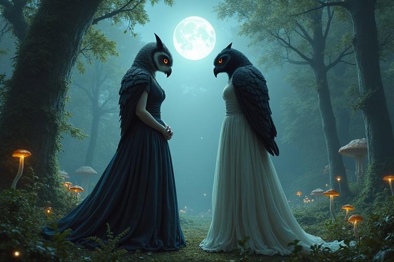 Two elegant women with owl heads dressed in flowing Victorian-era gowns. Scene under moonlight in enchanted forest. Women engaged in conversation with a crow that has a cat head. Includes glowing mushrooms, floating orbs, and ancient stone ruins. Atmosphere dreamlike and mysterious with rich colors and textures. Art style highly detailed digital painting.