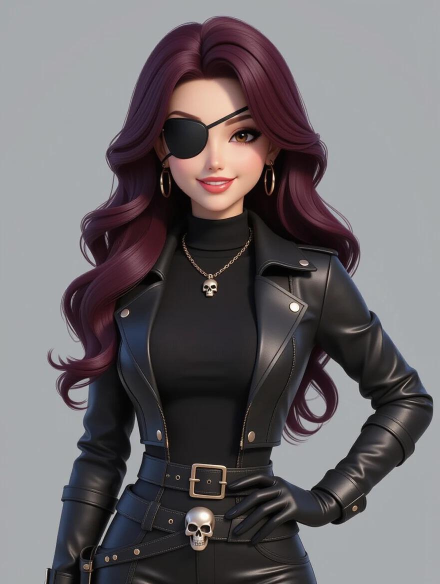 3D rendering Beautiful smiling woman with long wavy dark cherry hair wearing a tight black turtleneck shirt and an armor-like leather jacket. Tight black leather pants and a belt with a skull buckle. She has black high-heeled boots and black gloves. She wears a necklace. Setting in Shenzhen China.