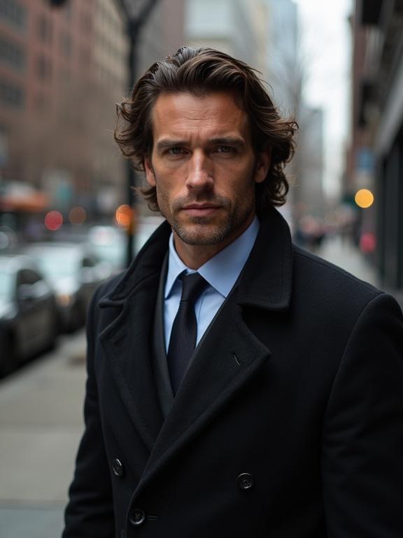 Photorealistic portrait of a good-looking, well-built New York detective. Thick wavy hair. Stands on the sidewalk of a New York avenue looking into the camera.